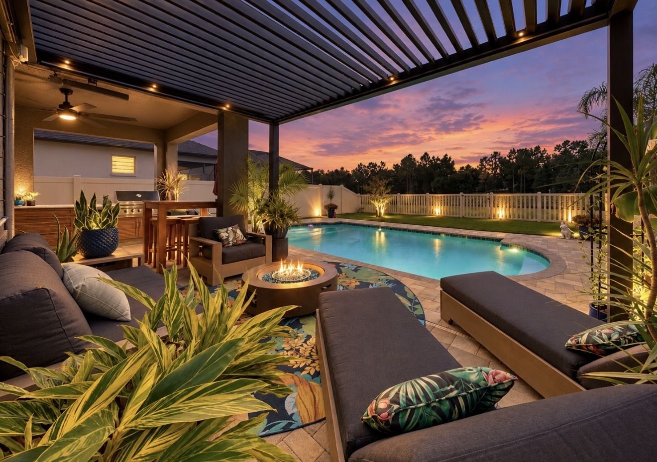 Pool and pergola at twilight